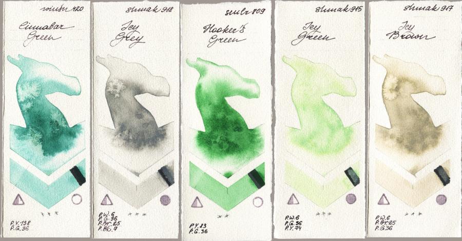 Winsor & Newton Professional 420 Cinnabar Green vs Shminke Akademie Aquarell 918 Icy Grey vs Sennelier l Aquarelle 809 Hookers Green vs 915 Icy Green vs 917 Icy Brown watercolor swatch