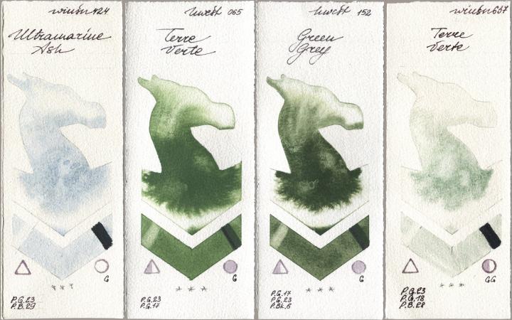 Winsor & Newton Professional 424 Ultramarine Ash, Holbein Artists Watercolor 065 Terre Verte, 152 Green Grey, 637 Terre Ver watercolor swatch