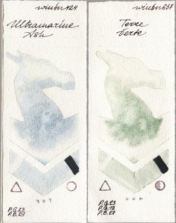 Winsor & Newton Professional 424 Ultramarine Ash vs 637 Terre Verte watercolor swatch