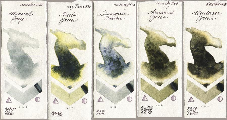 Winsor & Newton Professional 427 Mineral Grey vs Mijello Mission Gold 830 Forest Green vs Rockwell 143 Limugreen Brown vs Roman Szmal Aquarius 346 Aquarius Green vs Daniel Smith 109 Undersea Green watercolor swatch