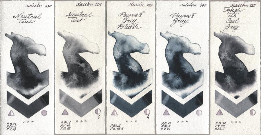 Winsor & Newton Professional 430 Neutral Tint, Daniel Smith 229 Neutral Tint, Shminke Horadam Aquarell 787 Paynes Grey Bluish, 465 Paynes Gray, 245 Joseph Zs Cool Gr watercolor swatch