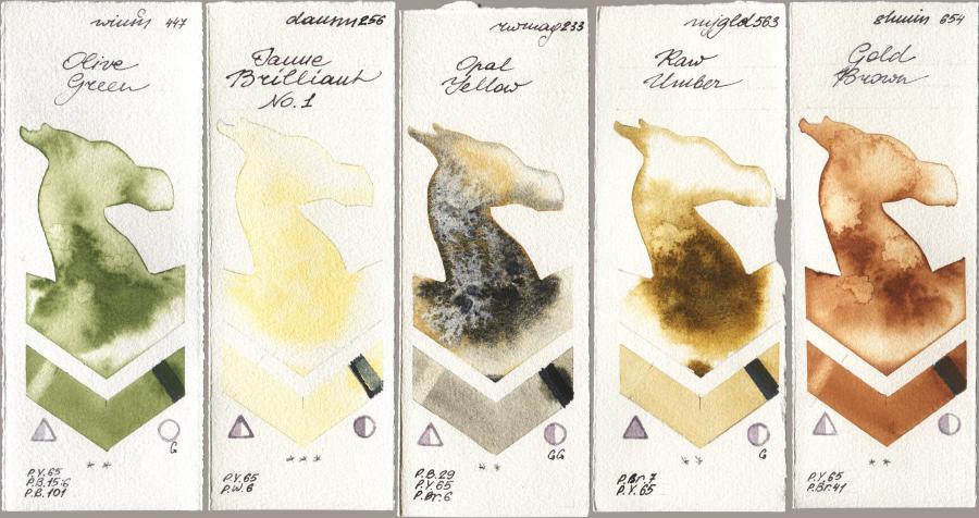 Winsor & Newton Professional 447 Olive Green, Daniel Smith 256 Jaune Brilliant No 1, Rockwell 233 Opal Yellow, Mijello Mission Gold 563 Raw Umber, Shminke Horadam Aquarell 654 Gold Bro watercolor swatch