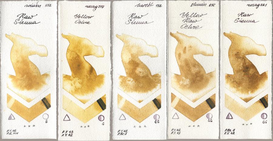 Winsor & Newton Professional 552 Raw Sienna, Rosa Gallery 719 Yellow Ochre, Holbein Artists Watercolor 132 Raw Sienna, Shminke Horadam Aquarell 656 Yellow Raw Ochre, 721 Raw Sien watercolor swatch