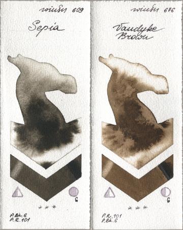Winsor & Newton Professional 609 Sepia, 676 Vandyke Bro watercolor swatch