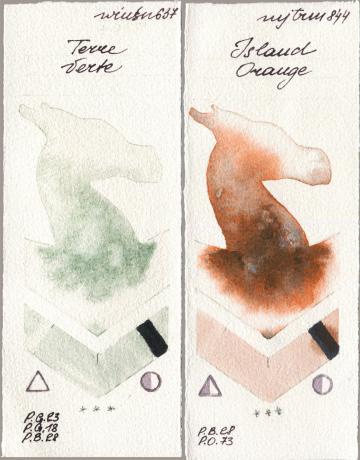 Winsor & Newton Professional 637 Terre Verte vs Mijello Mission Gold 844 Island Orange watercolor swatch