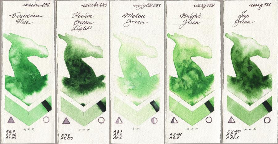 Winsor & Newton Professional 696 Viridian Hue vs Royal Talens Rembrandt Watercolour 644 Hooker Green Light vs Mijello Mission Gold 593 Melon Green vs Rosa Gallery 739 Bright Green vs 728 Sap Green watercolor swatch