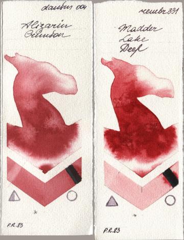 Daniel Smith 004 Alizarin Crimson, Royal Talens Rembrandt Watercolour 331 Madder Lake De watercolor swatch