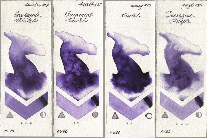 Daniel Smith 019 Carbazole Violet, Kuretake Gansai Tambi 038 Imperial Violet, Rosa Gallery 710 Violet, Golden QOR 295 Dioxazine Purp watercolor swatch