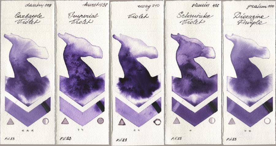 Daniel Smith 019 Carbazole Violet, Kuretake Gansai Tambi 038 Imperial Violet, Rosa Gallery 710 Violet, Shminke Horadam Aquarell 476 Schmincke Violet, M. Graham & Co. Artists 100 Dioxazine Purp watercolor swatch