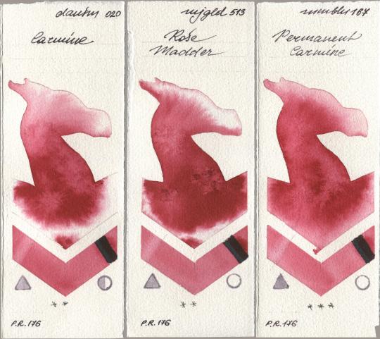 Daniel Smith 020 Carmine, Mijello Mission Gold 513 Rose Madder, Maimeri Blu 167 Permanent Carmi watercolor swatch