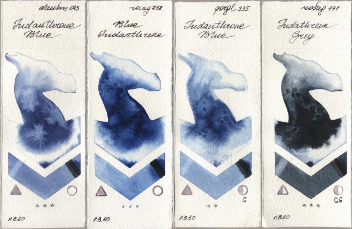 Daniel Smith 043 Indanthrone Blue, Rosa Gallery 738 Blue Indanthrene, Golden QOR 335 Indanthrone Blue, 778 Indanthrene Gr watercolor swatch