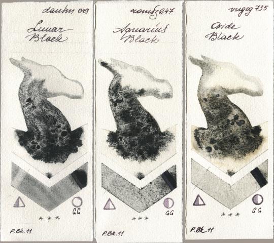 Daniel Smith 049 Lunar Black, Roman Szmal Aquarius 247 Aquarius Black, Royal Talens Van Gogh Watercolour 735 Oxide Bla watercolor swatch