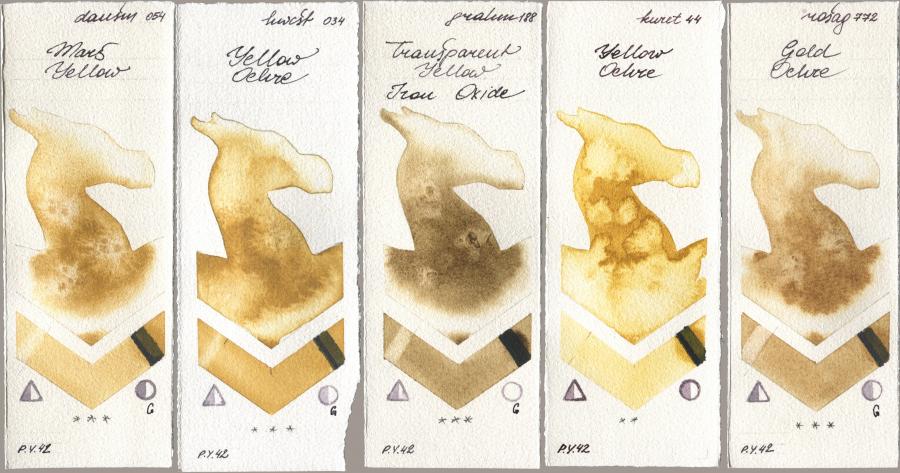 Daniel Smith 054 Mars Yellow, Holbein Artists Watercolor 034 Yellow Ochre, M. Graham & Co. Artists 188 Transparent Yellow Iron Oxide, Kuretake Gansai Tambi 044 Yellow Ochre, Rosa Gallery 772 Gold Och watercolor swatch