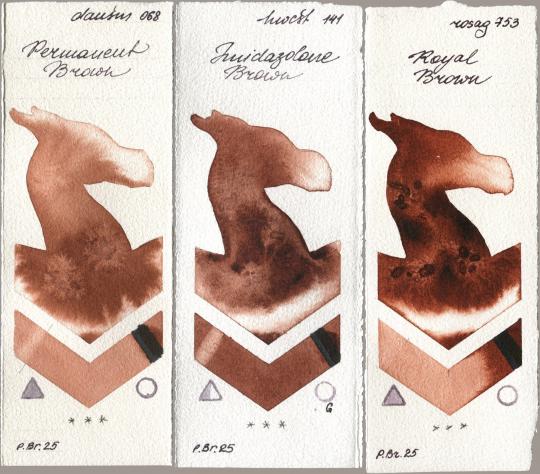 Daniel Smith 068 Permanent Brown, Holbein Artists Watercolor 141 Imidazolone Brown, Rosa Gallery 753 Royal Bro watercolor swatch