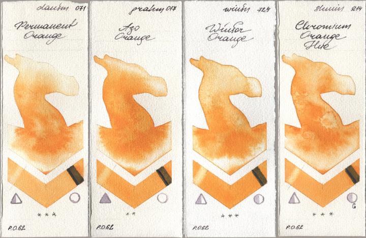 Daniel Smith 071 Permanent Orange, M. Graham & Co. Artists 017 Azo Orange, Winsor & Newton Professional 724 Winsor Orange, Shminke Horadam Aquarell 214 Chrome Organge LF (Chromium Orange Hu watercolor swatch