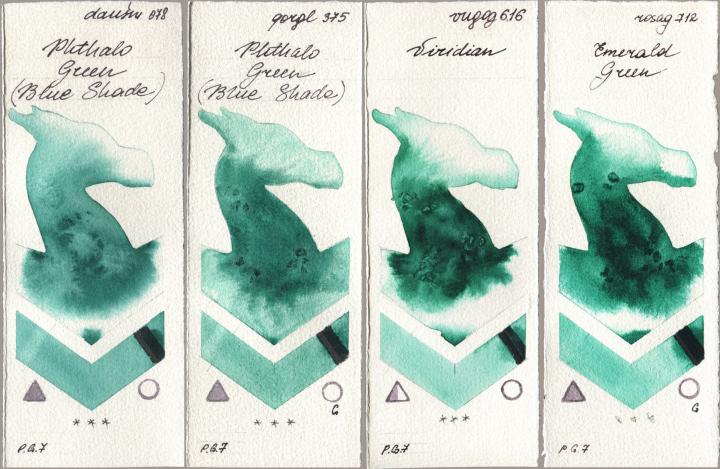 Daniel Smith 078 Phthalo Green (Blue Shade), Golden QOR 375 Phthalo Green (Blue Shade), Royal Talens Van Gogh Watercolour 616 Viridian, Rosa Gallery 712 Emerald Gre watercolor swatch