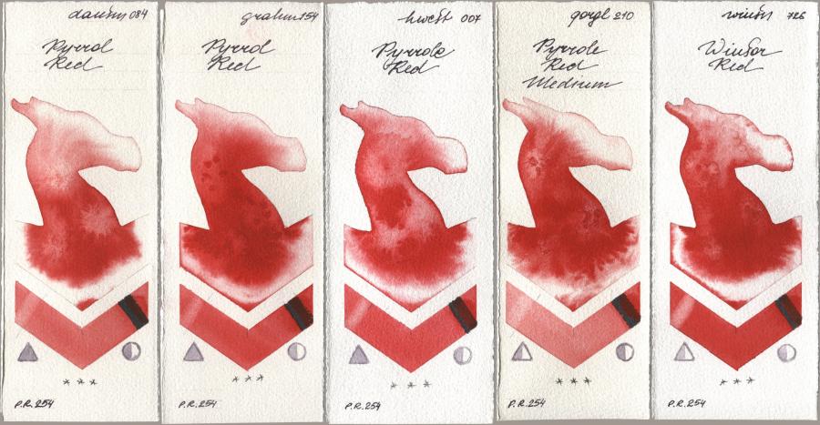 Daniel Smith 084 Pyrrol Red, M. Graham & Co. Artists 154 Pyrrol Red, Holbein Artists Watercolor 007 Pyrrole Red, Golden QOR 210 Pyrrole Red Medium, Winsor & Newton Professional 726 Winsor R watercolor swatch