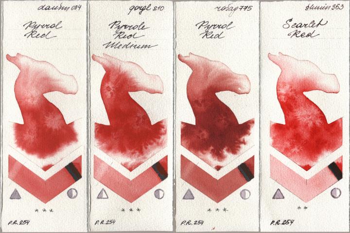 Daniel Smith 084 Pyrrol Red, Golden QOR 210 Pyrrole Red Medium, Rosa Gallery 775 Pyrrole Red, Shminke Horadam Aquarell 363 Scarlet R watercolor swatch