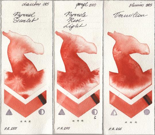 Daniel Smith 085 Pyrrol Scarlet, Golden QOR 200 Pyrrole Red Light, Shminke Horadam Aquarell 365 Vermili watercolor swatch