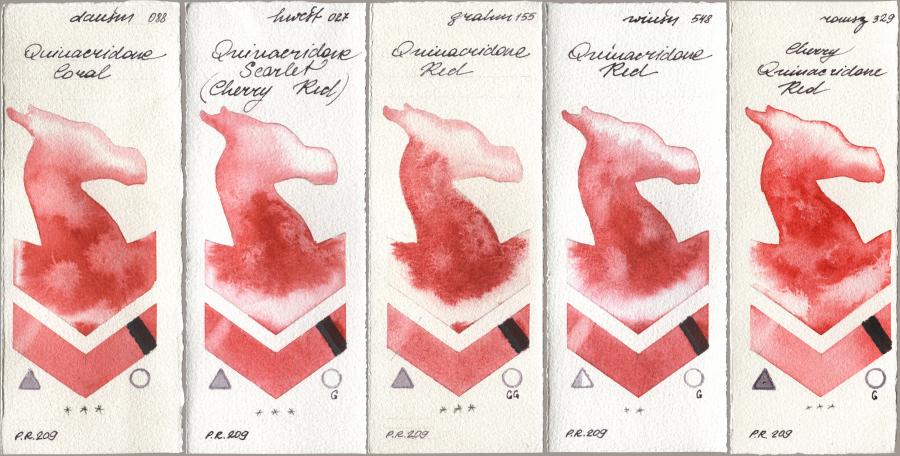 Daniel Smith 088 Quinacridone Coral, Holbein Artists Watercolor 027 Quinacridone Scarlet (Cherry Red), M. Graham & Co. Artists 155 Quinacridone Red, Winsor & Newton Professional 548 Quinacridone Red, Roman Szmal Aquarius 329 Cherry Quinacridone R watercolor swatch