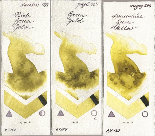 Daniel Smith 099 Rich Green Gold, Golden QOR 425 Green Gold, Royal Talens Van Gogh Watercolour 296 Azomethine Green Yell watercolor swatch