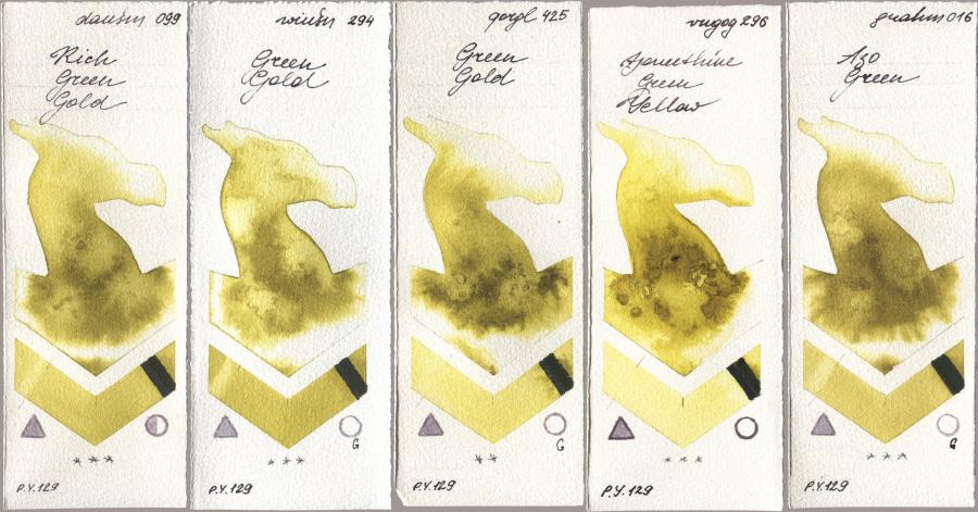 Daniel Smith 099 Rich Green Gold, Winsor & Newton Professional 294 Green Gold, Golden QOR 425 Green Gold, Royal Talens Van Gogh Watercolour 296 Azomethine Green Yellow, M. Graham & Co. Artists 016 Azo Gre watercolor swatch
