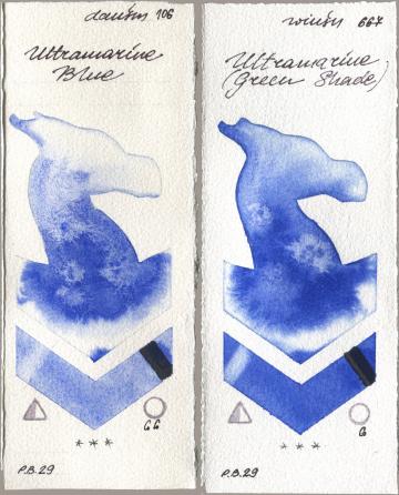 Daniel Smith 106 Ultramarine Blue, Winsor & Newton Professional 667 Ultramarine (Green Shad watercolor swatch