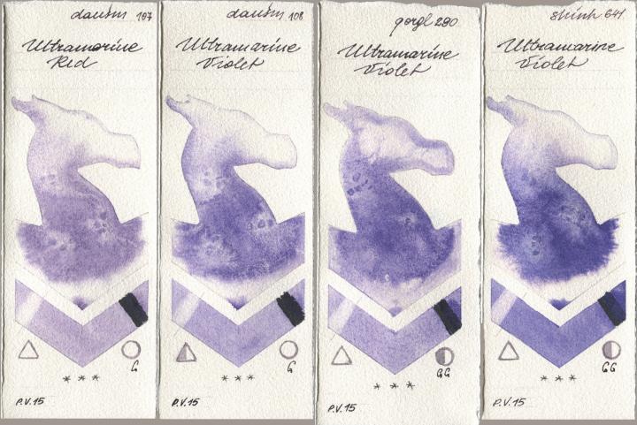 Daniel Smith 107 Ultramarine Red, 108 Ultramarine Violet, Golden QOR 290 Ultramarine Violet, Shinhan PWC 641 Ultramarine Viol watercolor swatch