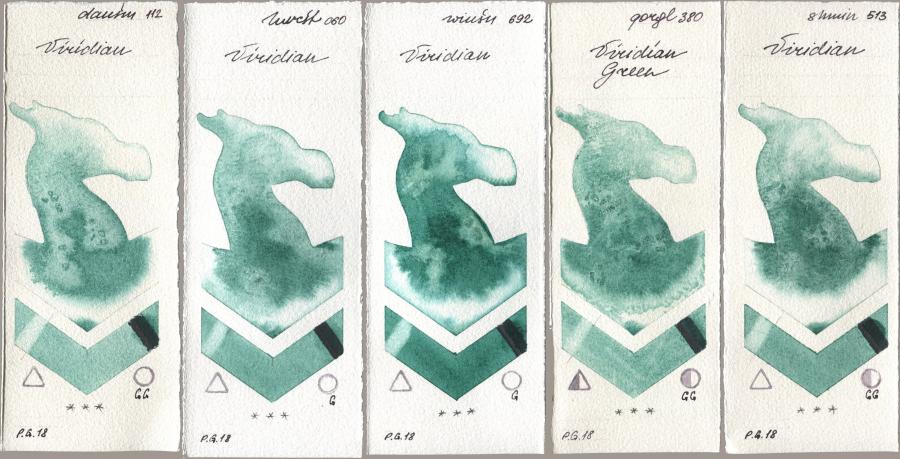 Daniel Smith 112 Viridian, Holbein Artists Watercolor 060 Viridian, Winsor & Newton Professional 692 Viridian, Golden QOR 380 Viridian Green, Shminke Horadam Aquarell 513 Viridi watercolor swatch