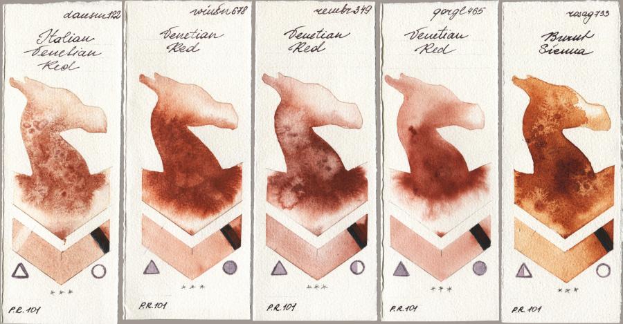 Daniel Smith 122 Italian Venetian Red vs Winsor & Newton Professional 678 Venetian Red vs Royal Talens Rembrandt Watercolour 349 Venerian Red vs Golden QOR 465 Venetian Red vs Rosa Gallery 733 Burnt Sienna watercolor swatch