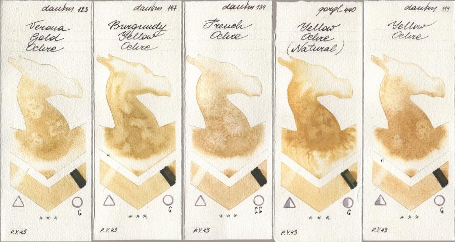 Daniel Smith 123 Verona Gold Ochre, 147 Burgundy Yellow Ochre, 134 French Ochre, Golden QOR 440 Yellow Ochre (Natural), 114 Yellow Och watercolor swatch