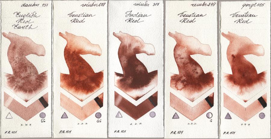Daniel Smith 137 English Red Earth, Winsor & Newton Professional 678 Venetian Red, 317 Indian Red, Royal Talens Rembrandt Watercolour 349 Venerian Red, Golden QOR 465 Venetian R watercolor swatch