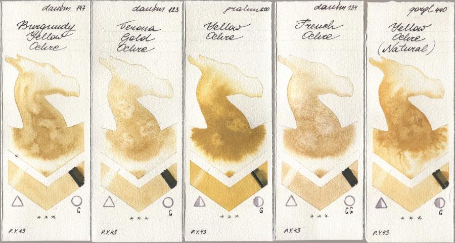Daniel Smith 147 Burgundy Yellow Ochre, 123 Verona Gold Ochre, M. Graham & Co. Artists 200 Yellow Ochre, 134 French Ochre, Golden QOR 440 Yellow Ochre (Natura watercolor swatch