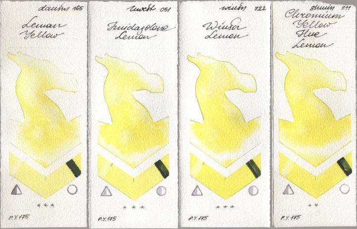 Daniel Smith 165 Lemon Yellow, Holbein Artists Watercolor 051 Imidazolone Lemon, Winsor & Newton Professional 722 Winsor Lemon, Shminke Horadam Aquarell 211 Chromium Yellow Hue Lem watercolor swatch