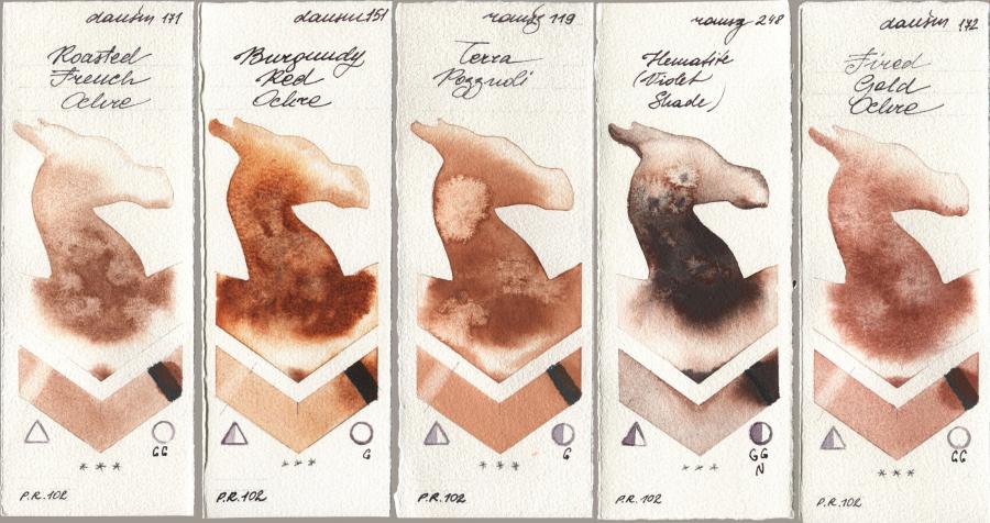 Daniel Smith 171 Roasted French Ochre, 151 Burgundy Red Ochre, Roman Szmal Aquarius 119 Terra Pozzuoli, 248 Hematite (Violet Shade), 172 Fired Gold Och watercolor swatch