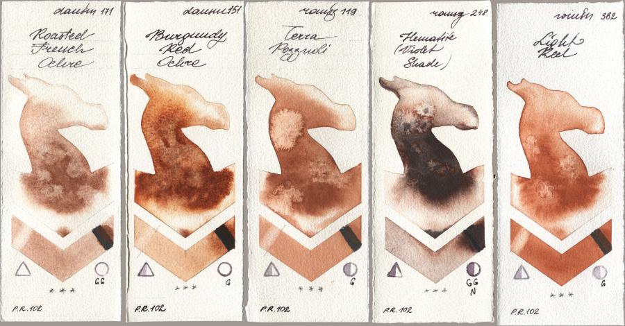Daniel Smith 171 Roasted French Ochre, 151 Burgundy Red Ochre, Roman Szmal Aquarius 119 Terra Pozzuoli, 248 Hematite (Violet Shade), Winsor & Newton Professional 362 Light R watercolor swatch