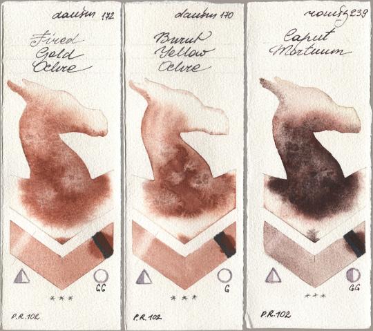 Daniel Smith 172 Fired Gold Ochre, 170 Burnt Yellow Ochre, Roman Szmal Aquarius 239 Caput Mortu watercolor swatch