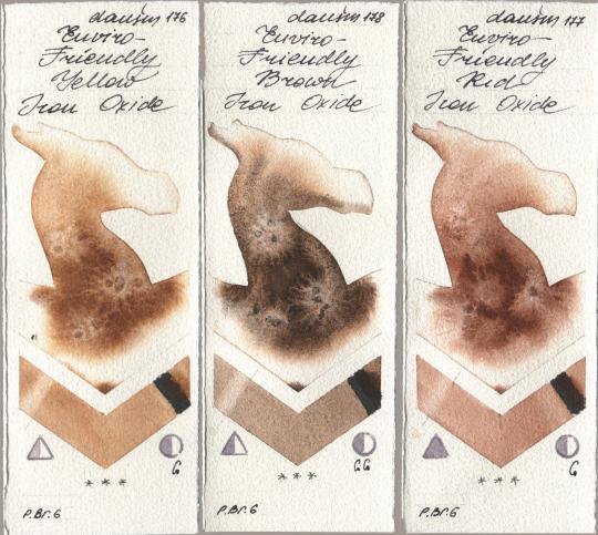 Daniel Smith 176 Enviro-Friendly Yellow Iron Oxide, 178 Enviro-Friendly Brown Iron Oxide, 177 Enviro-Friendly Red Iron Oxi watercolor swatch