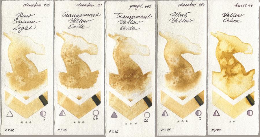 Daniel Smith 233 Raw Sienna Light, 131 Transparent Yellow Oxide, Golden QOR 445 Transparent Yellow Oxide, 054 Mars Yellow, Kuretake Gansai Tambi 044 Yellow Och watercolor swatch