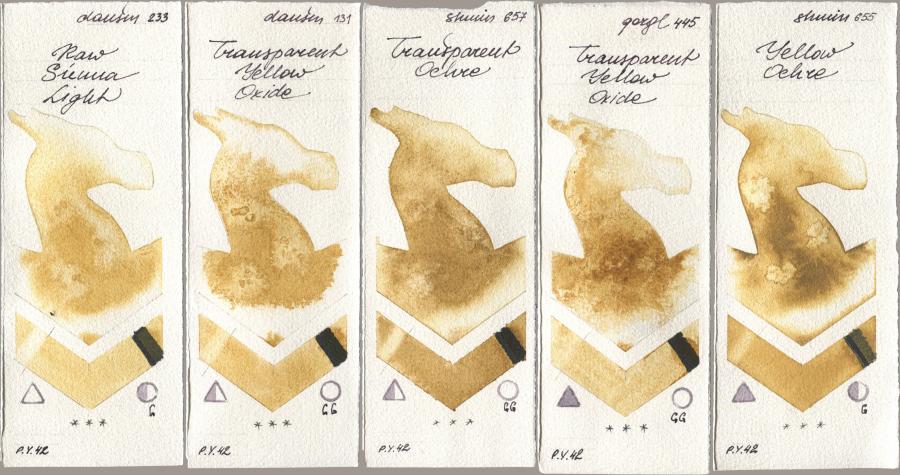 Daniel Smith 233 Raw Sienna Light, 131 Transparent Yellow Oxide, Shminke Horadam Aquarell 657 Transparent Ochre, Golden QOR 445 Transparent Yellow Oxide, 655 Yellow Och watercolor swatch
