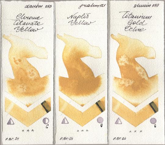 Daniel Smith 253 Chrome Titanate Yellow, M. Graham & Co. Artists 121 Naples Yellow, Shminke Horadam Aquarell 659 Titanium Gold Och watercolor swatch