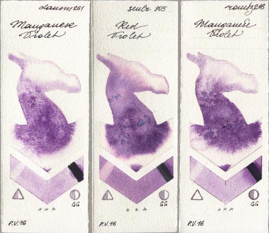 Daniel Smith 261 Manganese Violet, Sennelier l Aquarelle 905 Red Violet, Roman Szmal Aquarius 216 Manganese Viol watercolor swatch