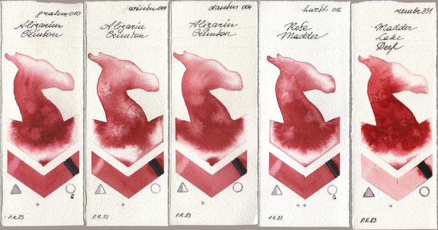 M. Graham & Co. Artists 010 Alizarin Crimson, Winsor & Newton Professional 004 Alizarin Crimson, Daniel Smith 004 Alizarin Crimson, Holbein Artists Watercolor 012 Rose Madder, Royal Talens Rembrandt Watercolour 331 Madder Lake De watercolor swatch