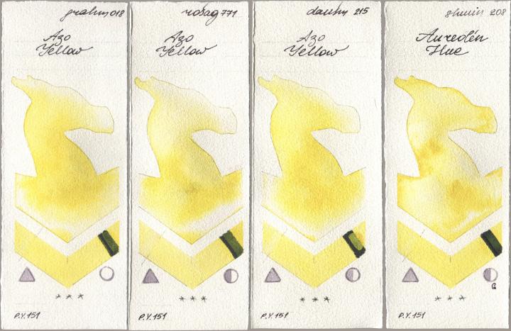 M. Graham & Co. Artists 018 Azo Yellow, Rosa Gallery 771 Azo Yellow, Daniel Smith 215 Azo Yellow, Shminke Horadam Aquarell 208 Aureolin H watercolor swatch