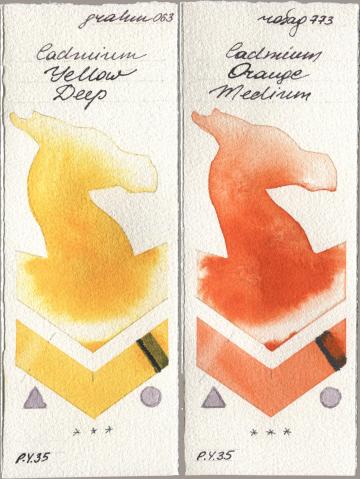 M. Graham & Co. Artists 063 Cadmium Yellow Deep, Rosa Gallery 773 Cadmium Orange Medi watercolor swatch