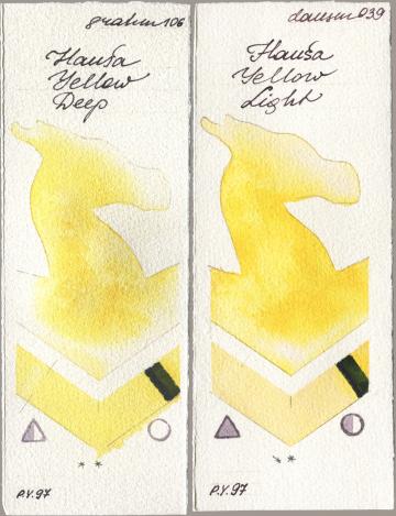 M. Graham & Co. Artists 106 Hansa Yellow Deep, Daniel Smith 039 Hansa Yellow Lig watercolor swatch