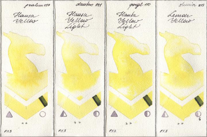 M. Graham & Co. Artists 107 Hansa Yellow, Daniel Smith 041 Hansa Yellow Light, Golden QOR 110 Hansa Yellow Light, Shminke Horadam Aquarell 215 Lemon Yell watercolor swatch