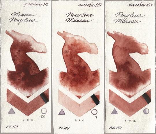 M. Graham & Co. Artists 113 Maroon Perylene, Winsor & Newton Professional 507 Perylene Maroon, Daniel Smith 074 Perylene Maro watercolor swatch