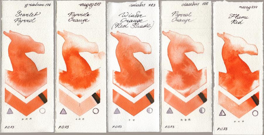 M. Graham & Co. Artists 176 Scarlet Pyrrol, Royal Talens Van Gogh Watercolour 278 Pyrrole Orange, Winsor & Newton Professional 723 Winsor Orange (Red Shade), Daniel Smith 126 Pyrrol Orange, Rosa Gallery 734 Flame R watercolor swatch