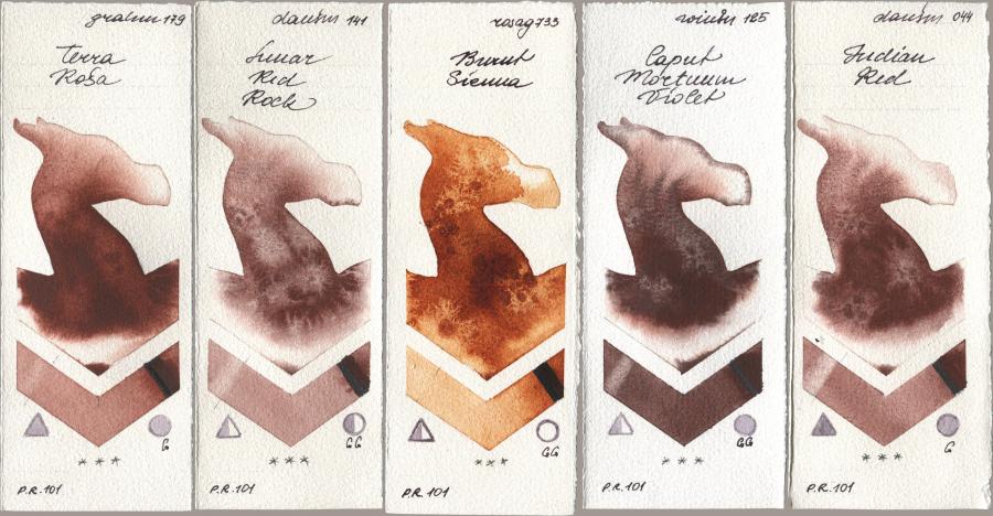 M. Graham & Co. Artists 179 Terra Rosa, Daniel Smith 141 Lunar Red Rock, Rosa Gallery 733 Burnt Sienna, Winsor & Newton Professional 125 Caput Mortuum Violet, 044 Indian R watercolor swatch